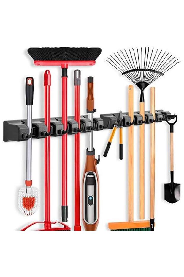 2 Pack Mop and Broom Holder, Wall Mounted Organizer Mop and Broom Storage Tool Rack with 5 Ball Slots and 6 Hooks (Black)