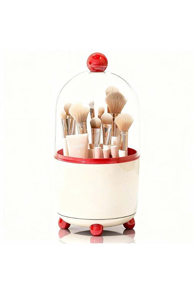 Makeup Brush Holder with Lid, Cosmetic Tools Organizer with Cover, 360° Rotating Sliding Opening Dustproof Brushes Container for Vanity, Ideal Gift for Girlfriend Wife Friends (Red)