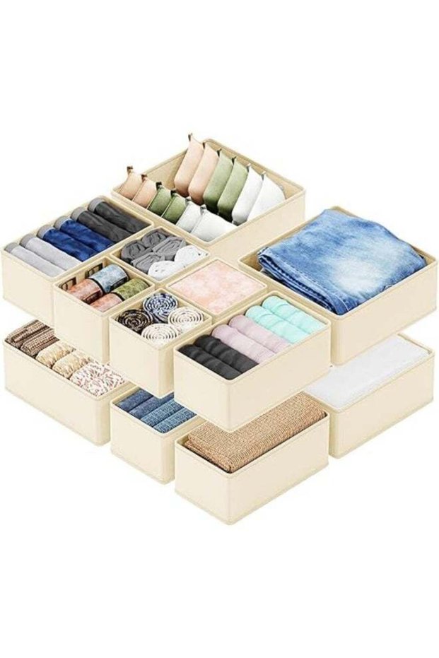 12 Pcs Clothes Drawer Organisers,Foldable Underwear Drawer Organizer and Closet Dividers,Storage Dresser Drawer Dividers,for Clothes, Socks, Bras, Underwear, Towels, Leggings, Jeans and Sweaters,Beig