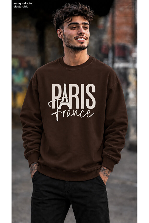 Men's Paris France Printed Crew Neck Casual Regular Fit Sweatshirt