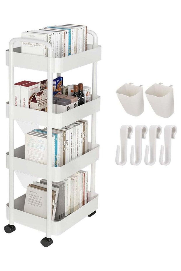 4-Tier Rolling Utility Cart with Wheels, Detachable Utility Storage Cart with Handle and Lockable Casters, Multi-Functional Storage Trolley for Office, Kitchen,Bathroom(White, 4-Tier)