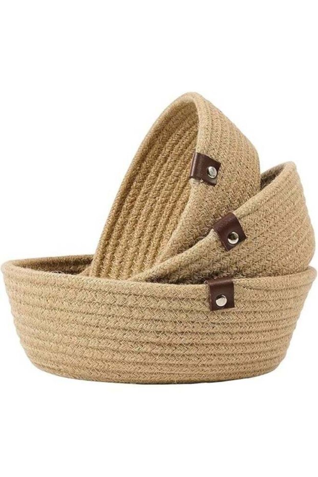 3 Piece Cotton Rope Woven Baskets, Boho Decorative Storage Organizer, Woven Bins for Cosmetics, Towels & Desk Supplies, Collapsible Containers for Living Room Bedroom Bathroom, Beige