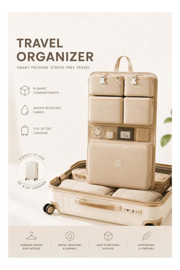 Travel Hanging Organizer Bag with Multi-Compartment Storage, Foldable Clothing & Underwear Organizer Case, Splash-Resistant Large Capacity Suitcase Organizer with Hooks for Easy Packing