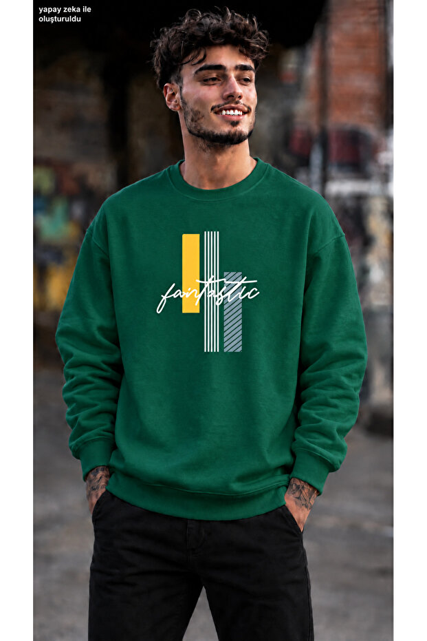 Men's Geometric Patterned and Fantastic Written Crew Neck Casual Regular Fit Sweatshirt
