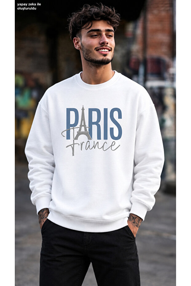 Men's Paris France Printed Crew Neck Casual Regular Fit Sweatshirt