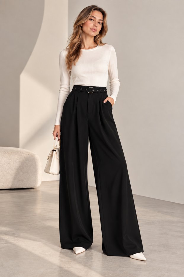 Women's Oysho Fabric High Waist Belt Detailed Wide Leg Pants Cty-Abr-2154