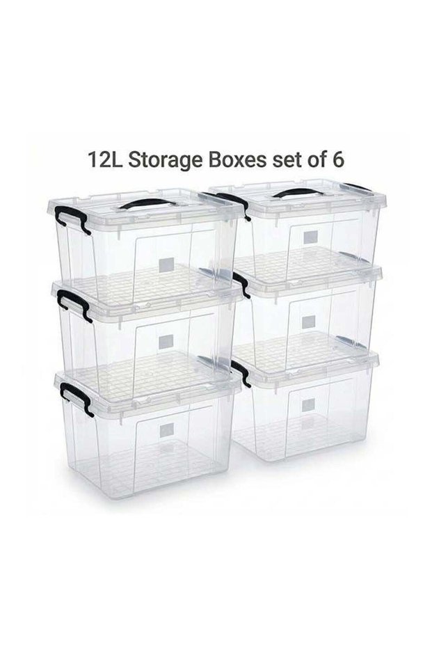 Storage Box 12L Set of 6 Transparent Plastic Organizer Boxes with Lids Multipurpose Home Storage Containers