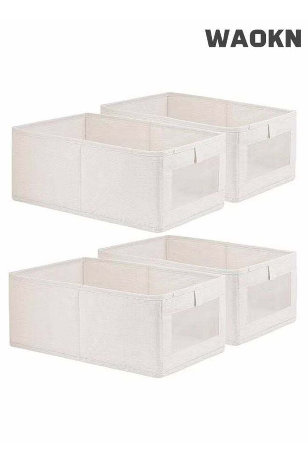 4 Pcs Linen Storage Bins : Closet Organizers and Storage with Clear Window Foldable Large Storage Closet Baskets for Organizing Clothing Toys Books Shelves,wardrobe organizer, miscellaneous storage b