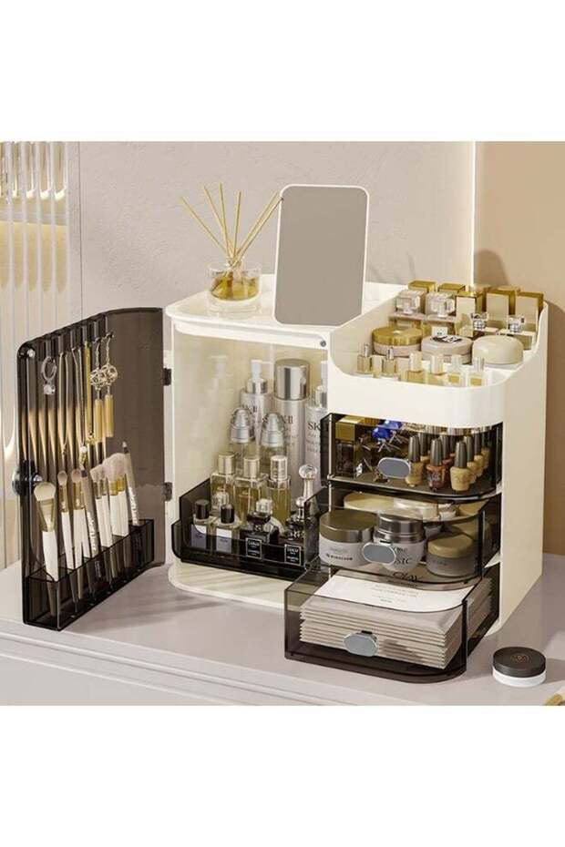 Makeup Organizer Portable Dustproof And Waterproof Cosmetic Storage Drawers Box For Women, 30 x 20 x 24 cm, Cream/Transparent Black