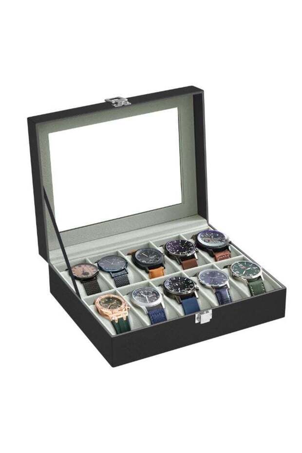 SONGMICS Watch Box with 10 Slots, Watch Case with Glass Lid, Watch Display Box with Removable Watch Pillows, Metal Clasp, Gift Idea, Black Synthetic Leather, Greenish Grey Lining