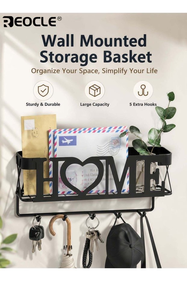 Wall Mounted Key Holder with 5 Key Hooks and Organizer Design Key Rack with Mesh Basket and Solid Construction for Entryway Home Organization
