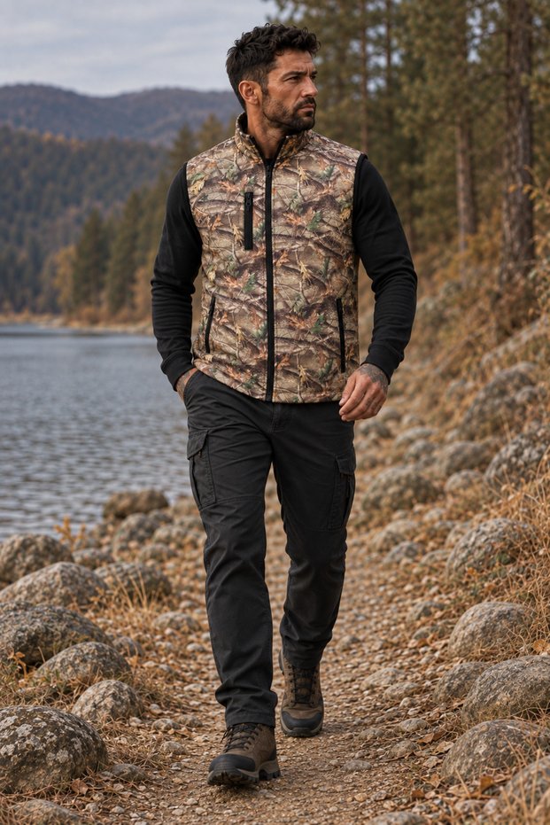 Men's Oak Patterned Hunting Vest – Zippered Multi-Pocket Outdoor Camouflage Vest