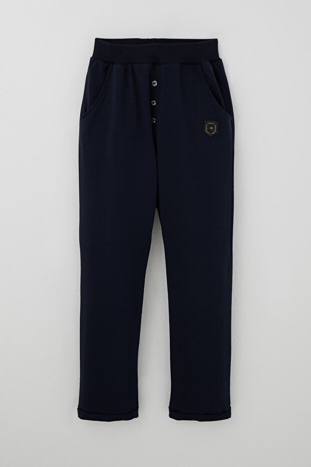 Boy's Sweatpants with Button Accessories and Arma Detail, Ages 4-8, Navy Blue
