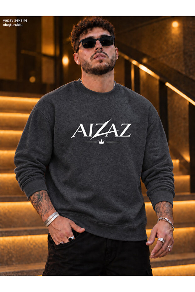 Men's Aizaz Crown and Lightning Printed Crew Neck Casual Regular Fit Sweatshirt