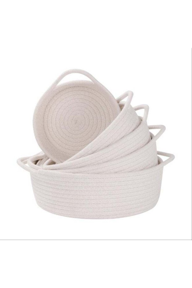 5 Pack White Cotton Rope Storage Baskets With Handles, Small Woven Organizer Bins For Countertop, Bathroom Toilet Tank, Shelves, Multi-Purpose Cute Home Storage Gift