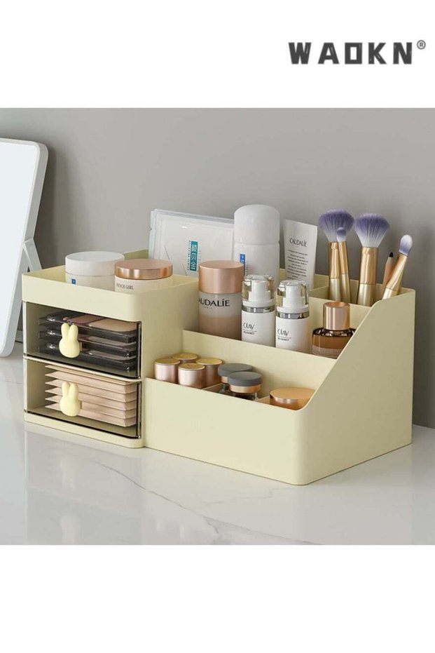 Desk Organizer and Accessories with 2 Drawers and 6 Compartments, Plastic Makeup Organizer, Mini Pen Holder for Desktop Storage, Desk Organization for School, Home, Office Supplies(yellow)