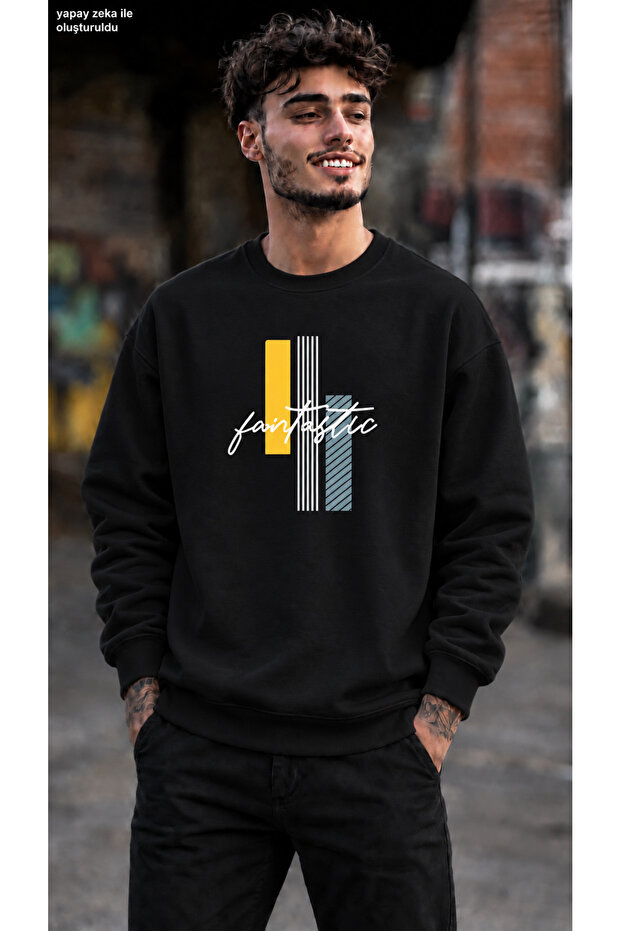 Men's Geometric Patterned and Fantastic Written Crew Neck Casual Regular Fit Sweatshirt