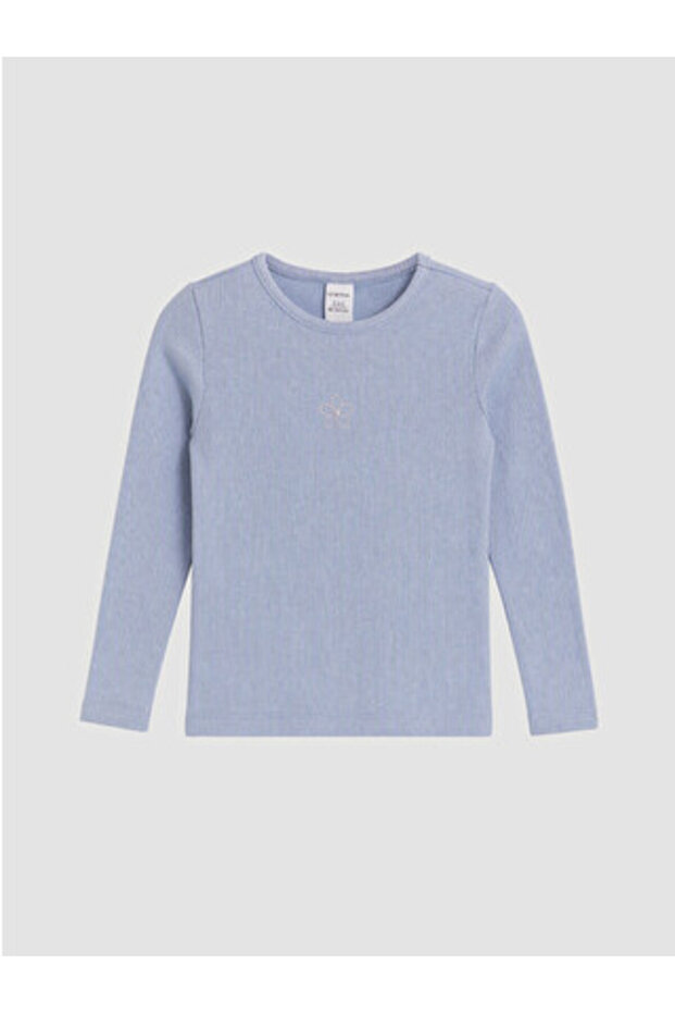 Gray Crew Neck Embroidered Girls' T-Shirt