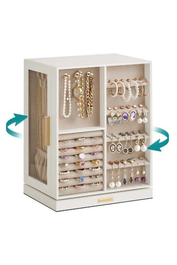 SONGMICS Jewellery Box 360° Rotating, Jewellery Organiser with 5 Drawers, Jewellery Display Case, Glass Window, Spacious, Vertical Jewellery Storage, Open Design, Great Gift, Cloud White