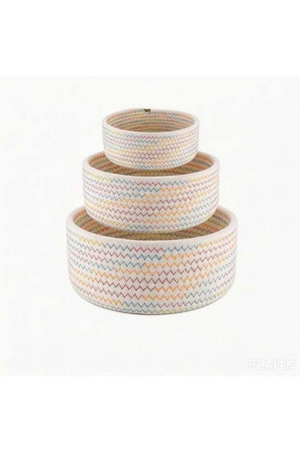 Multicolor Cotton Rope Storage Basket, Braided Set of 3, Organiser Cotton for Decoration (Diameter: 17cm,20cm and 24cm)