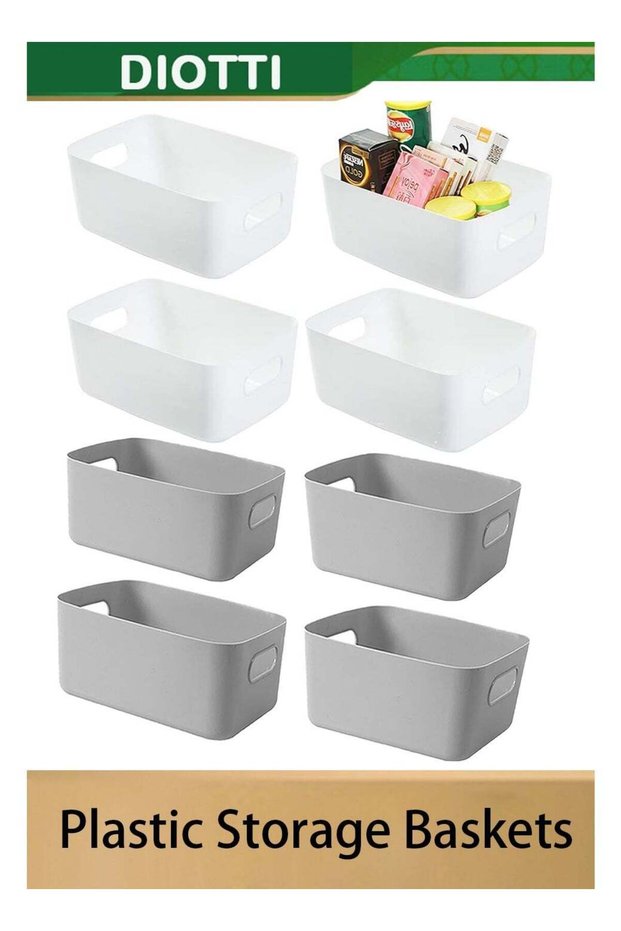 8-Pack Plastic Storage Baskets with Handles, Multi-Purpose Organizers for Kitchen, Bathroom, Office, and Pantry, Cabinet Organization Bins (4 White & 4 Grey)
