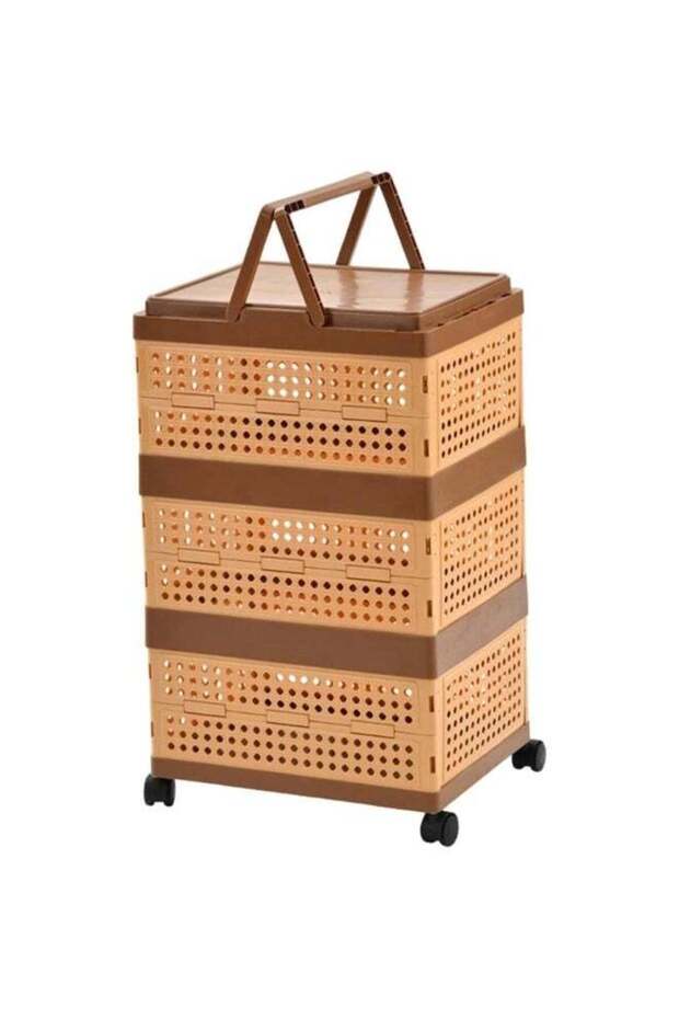 3-Tier Foldable Rolling Storage Cart with Handle & Lid
