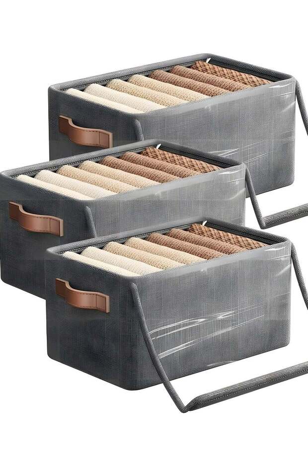 3 Piece Cloth Storage Box, Foldable Closet Drawer Storage Box with Transparent Cover and Handle, Drawer Organizers for Clothes, Jeans, T-Shirt (47x28x20cm)