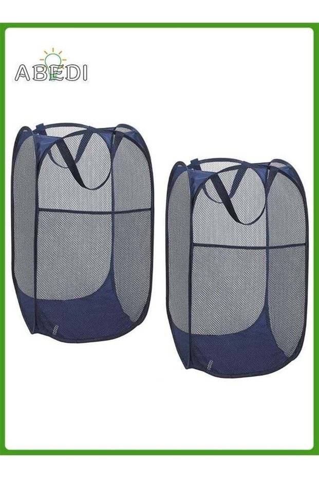 2-Pack Home Laundry Basket, Foldable Storage Mesh Popup Collapsible Clothes Washing Hamper with Carry Handle, Blue