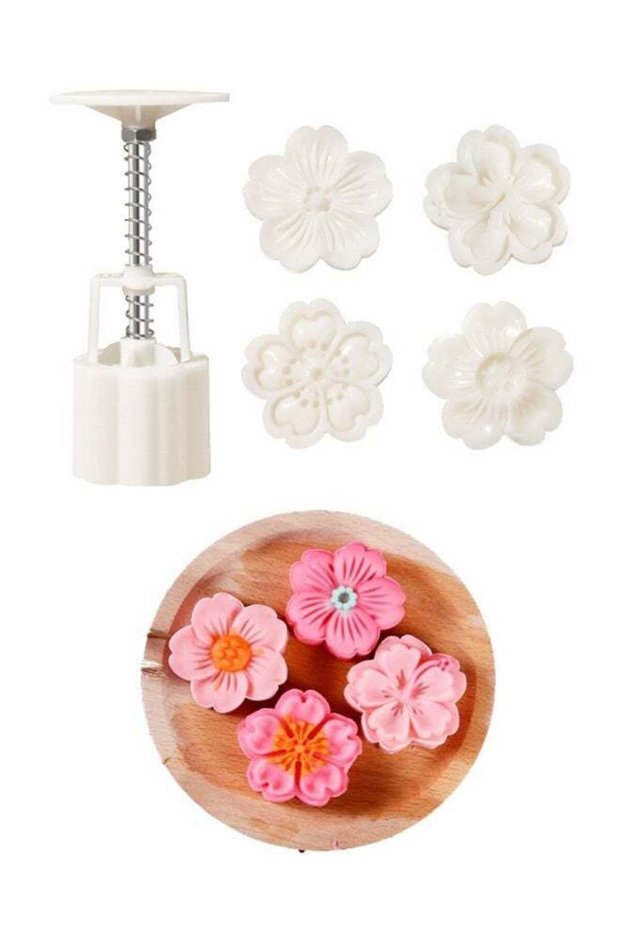 5 PCS Moon Cake Mold Set, Cookie Stamps, Cherry Blossom Floral Mid Autumn Festival DIY Hand Press C