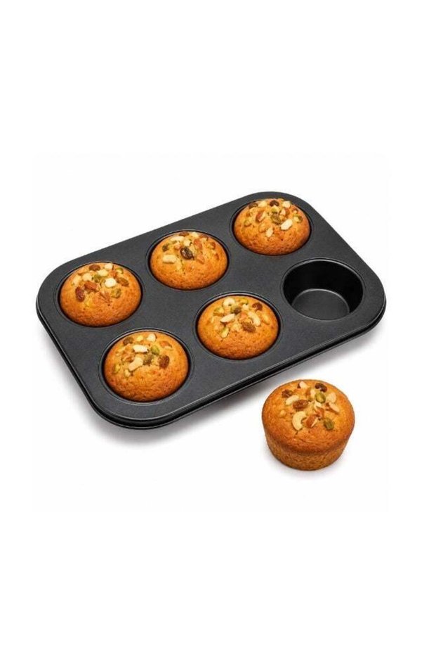 Beram 6Cup Cake Tray Black Non-Stick Muffin Baking Pan Durable Easy Clean Reusable Carbon Steel Lon