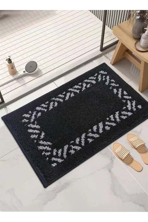 1-Piece Bathroom Non Slip Rug Mat Water Absorption Mat Polyester Black/White 60x40 Centimeter