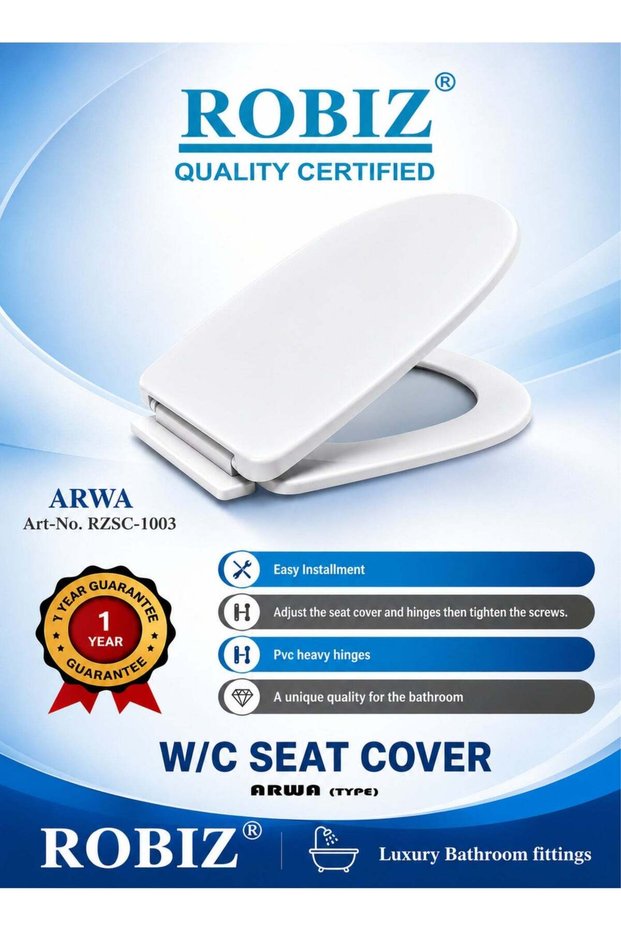 Arwa Type W/C Seat Cover | Premium White Toilet Seat | Heavy-Duty PVC Hinges | Easy Installation |