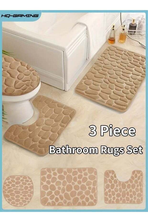Bathroom Rugs Sets 3 Piece, Cobblestone Flannel Mats Set Extra Thick, Non Slip Bath for Bathroom, W