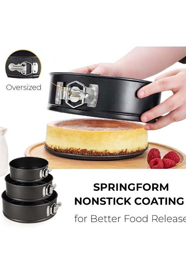 3-Piece Springform Cake Pan Set (24cm + 26cm + 28cm) – Non-Stick Carbon Steel Baking Moulds with Re