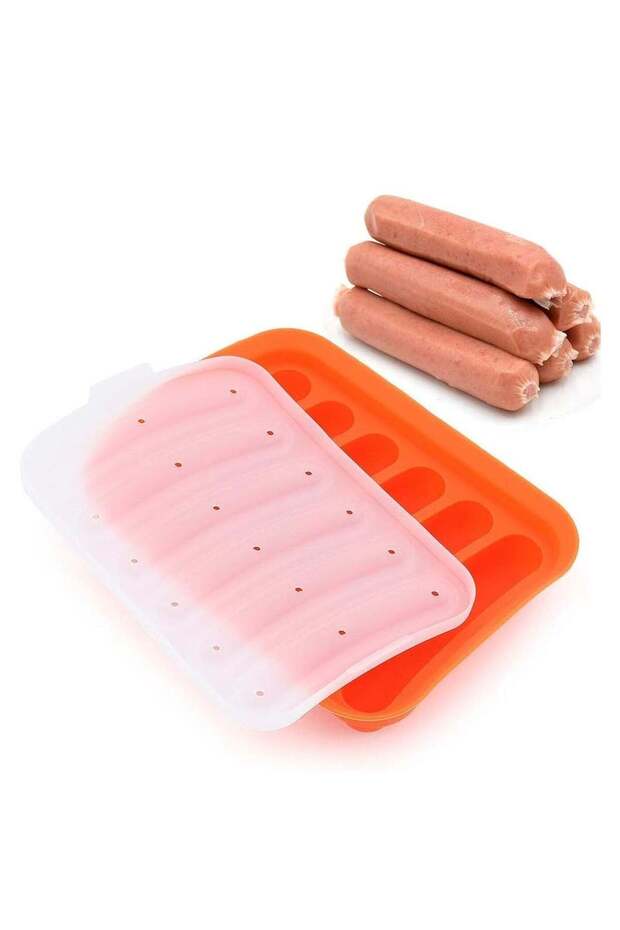 6 Grids Kitchen Silicone Sausage Maker Mould with Lid, Orange, for DIY Meat Snacks