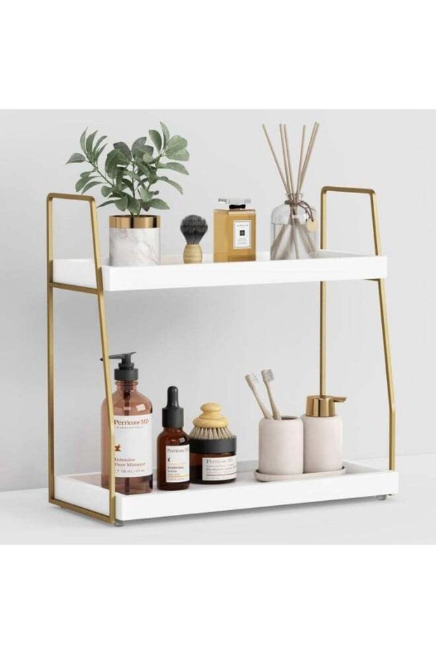 2-Tier Countertop Organizer with White Wooden Trays & Gold Frame for Bathroom Vanity & Kitchen Stor