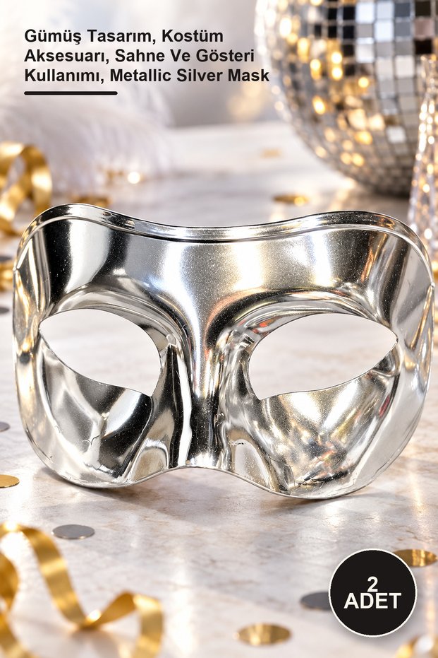 2 Pieces of Metallic Shiny Party Mask 16X7 cm – Silver Design, Costume Accessory, Stage and Show Use, Metallic Silver Mask