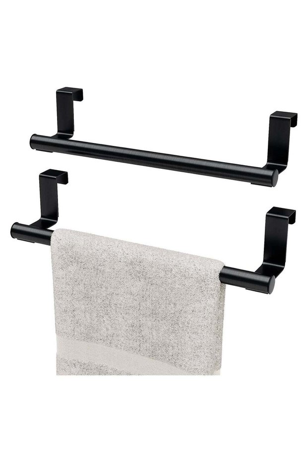2 Pack Over the Door Towel Rail, Black Kitchen Holder with Protective Pads, Stainless Steel Rail No