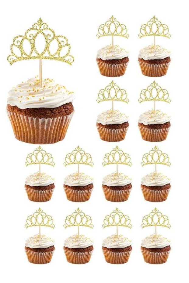 12PCS Glitter Crown Cupcake Toppers, Princess Theme Party Cake Decorations
