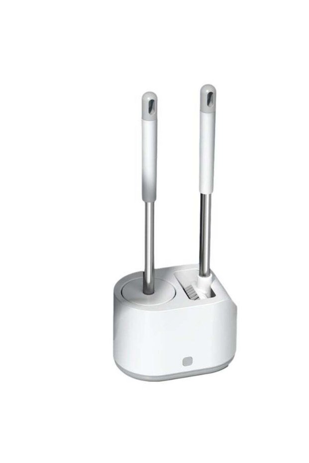 Modern Dual Head Toilet Bowl Brush and Holder Set, Stainless Steel Handle with Ventilated Holder Si