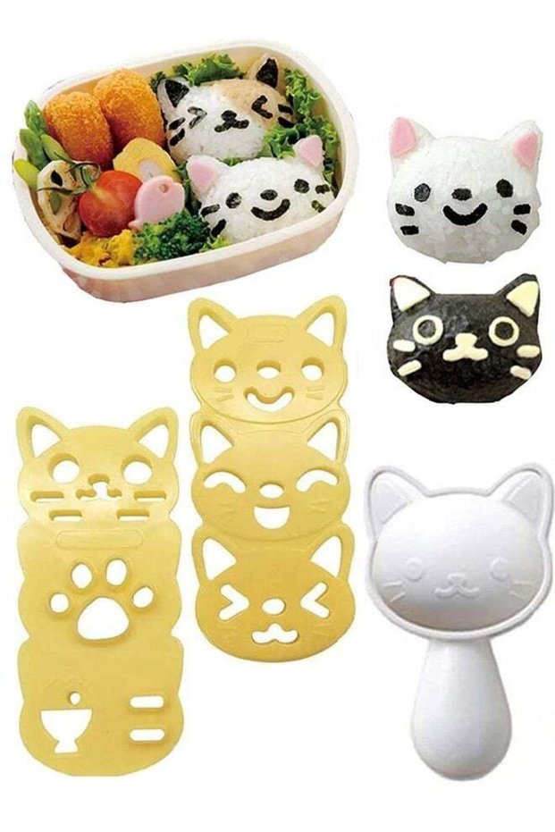 Cat Pattern Rice Ball Mold Set DIY Sushi Bento Mould with Nori Punch Cutter Kitchen Tools for Kids