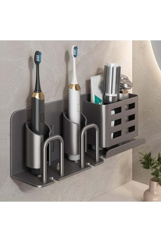 Electric Toothbrush Holder Wall Mounted, Aluminum Bathroom Organizer with No Drill - Holds 2 Toothb