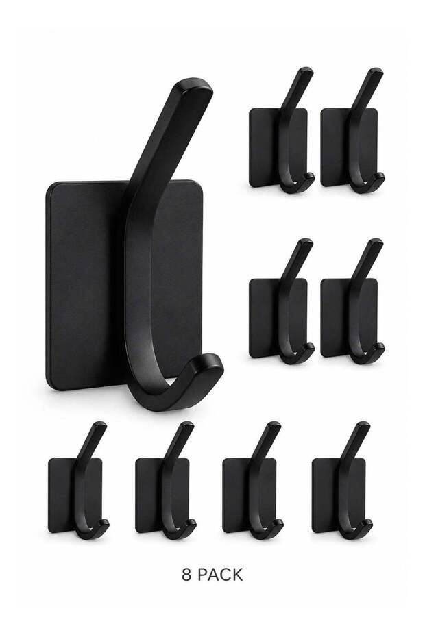 8-Pack Self Adhesive Wall Hooks, Heavy Duty No Drill Towel Hooks, Waterproof & Rust Resistant Black