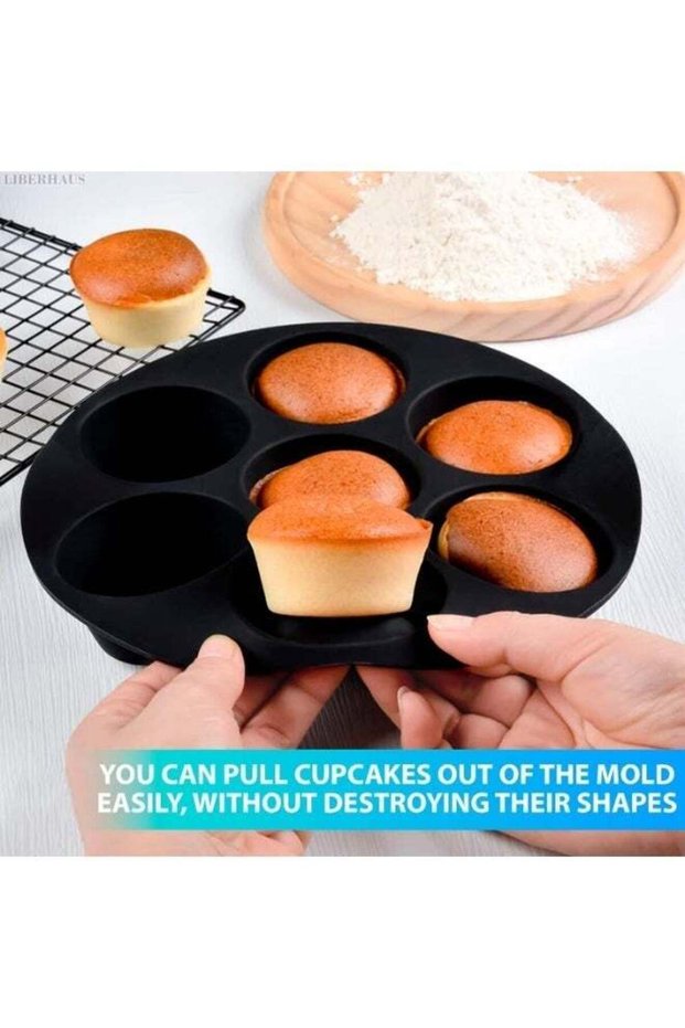 Silicone Air Fryer Muffin Pan | 7-Cavity Non-Stick Cupcake & Muffin Mold | Black & Grey Heat Resist