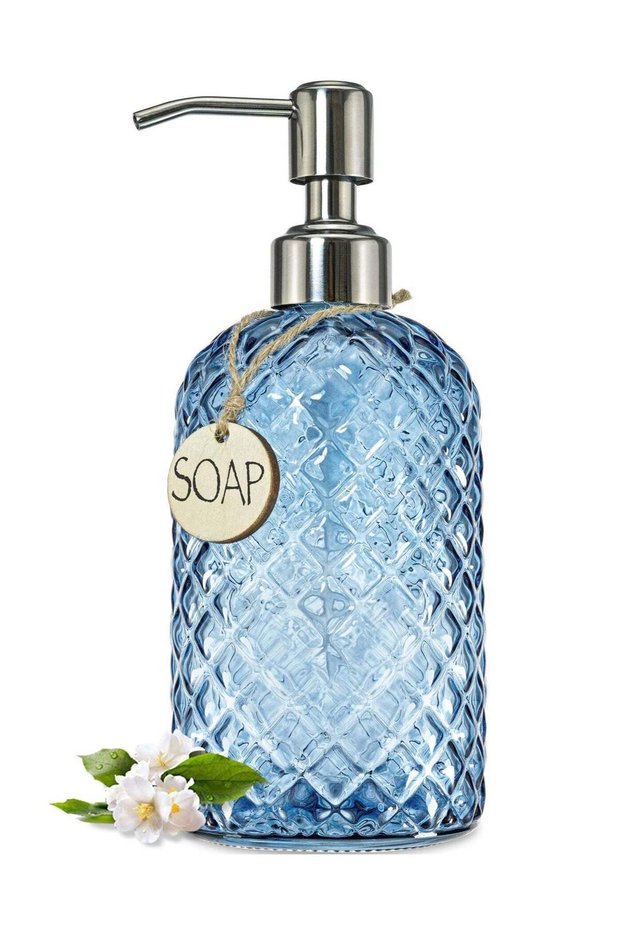 Bathroom countertop hand sanitizer dispenser, made of blue transparent glass, with rust-proof stain