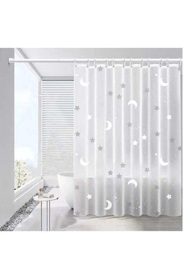 1-Piece Printed Waterproof Shower Curtain PEVA White/Grey 180x180 Centimeter
