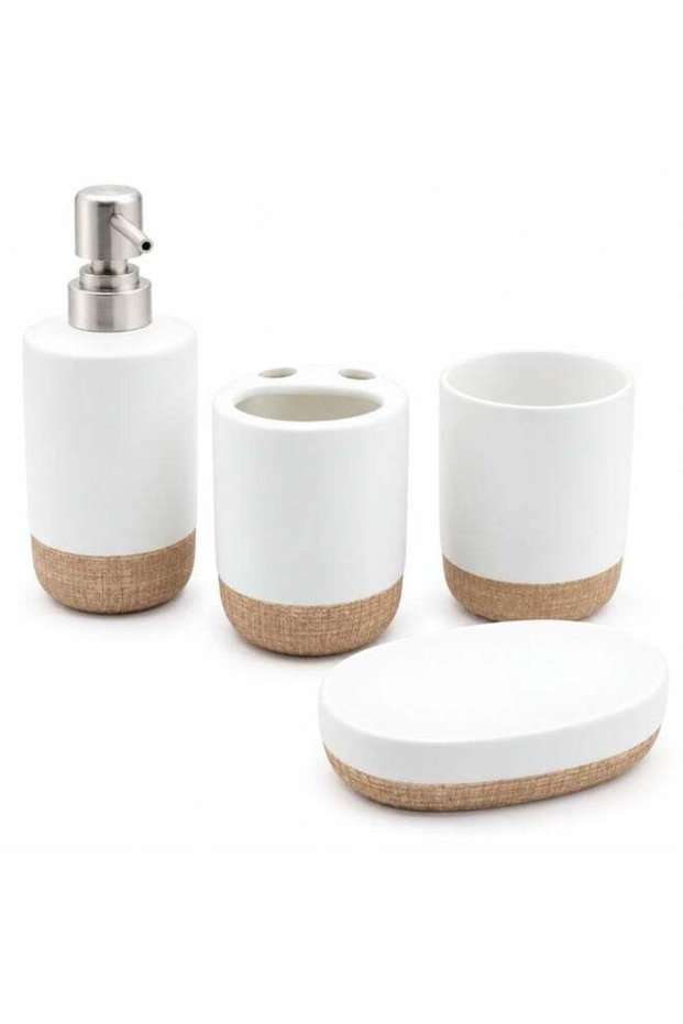 4 Piece Modern Ceramic Bathroom Accessories Set , White Matte Finish with Textured Brown Base , Inc