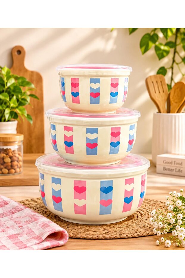 Ceramic Heart Print Bowls Set of 6 with Lids, Pink & Blue Striped Heart Design.