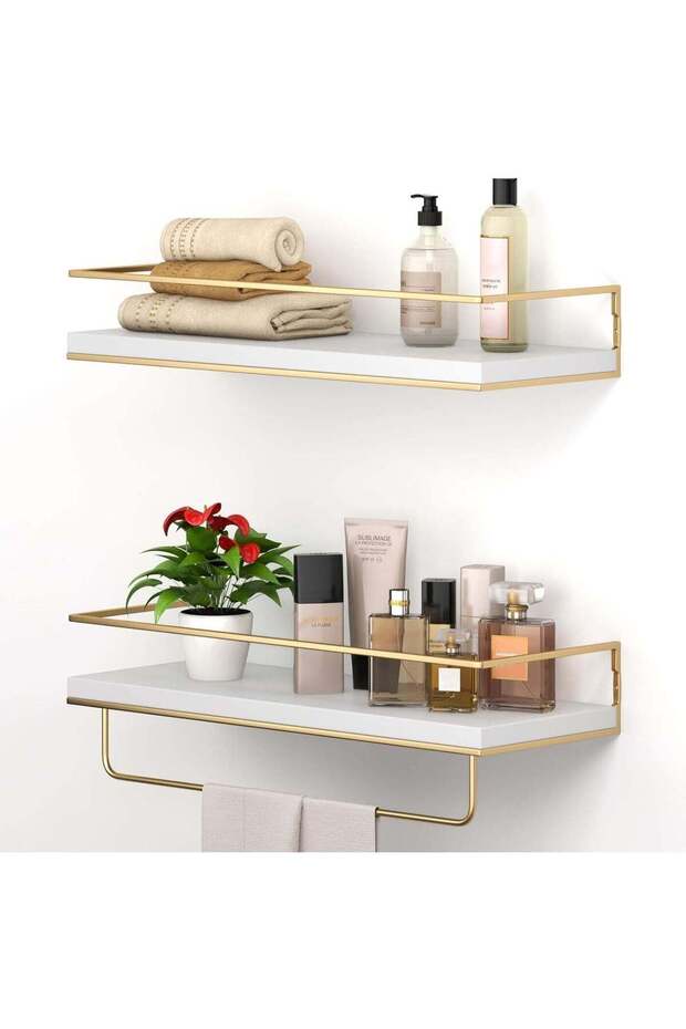 White Floating Shelves - Set of 2, Wall Mounted with Golden Towel Rack, 15.7 Inches