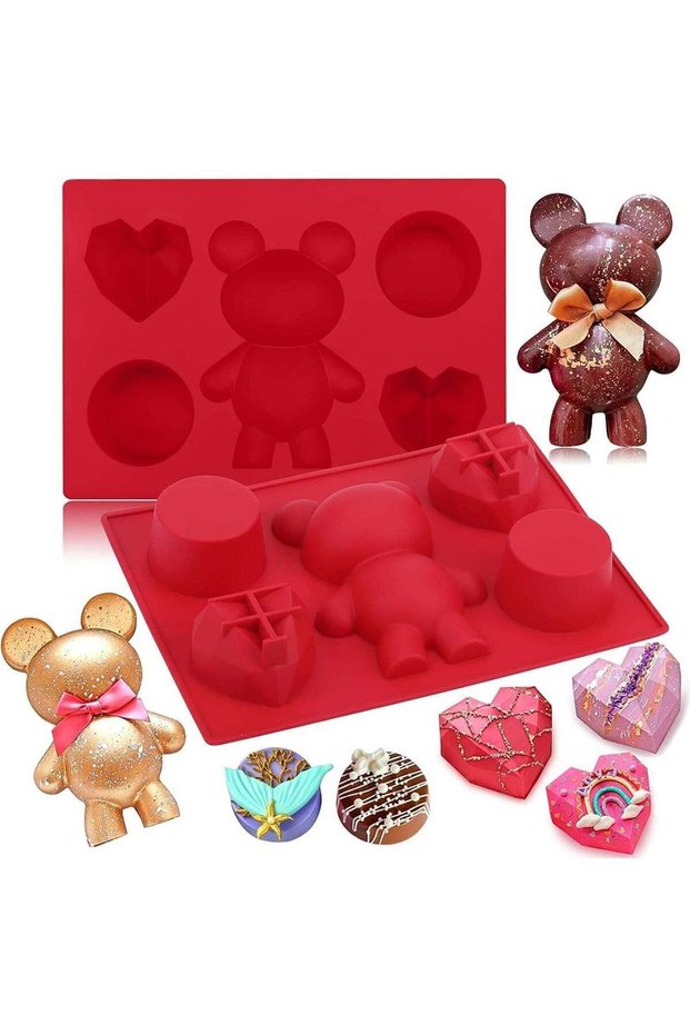 Chocolate Molds Silicone for Bear Snack Treat Box, 2 Pcs Bear Diamond Heart Cylinder 3 in 1 Silicon